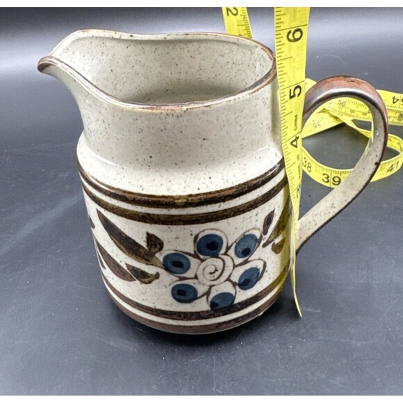 VTG Takahashi Stoneware BROWN w/ BLUE Floral Speckled 6” Pitcher MCM 32oz - Picture 7 of 7